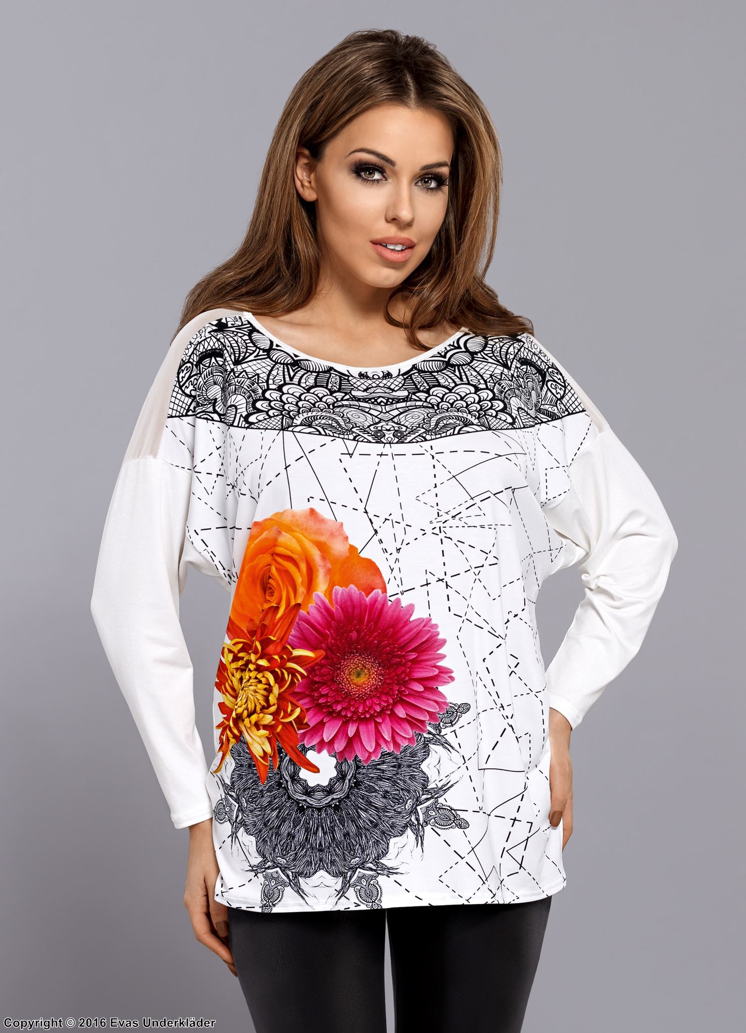 Long sleeve top, high quality viscose, mesh inlay, colorful flowers